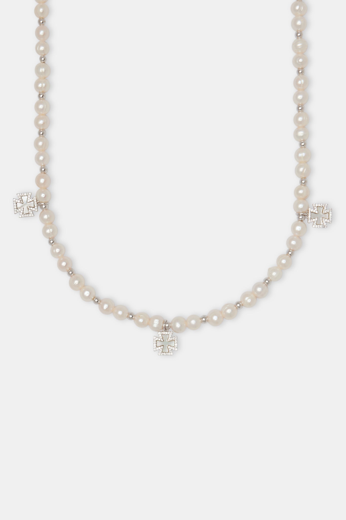 Iced Cross Motif Freshwater Pearl Necklace - 6mm